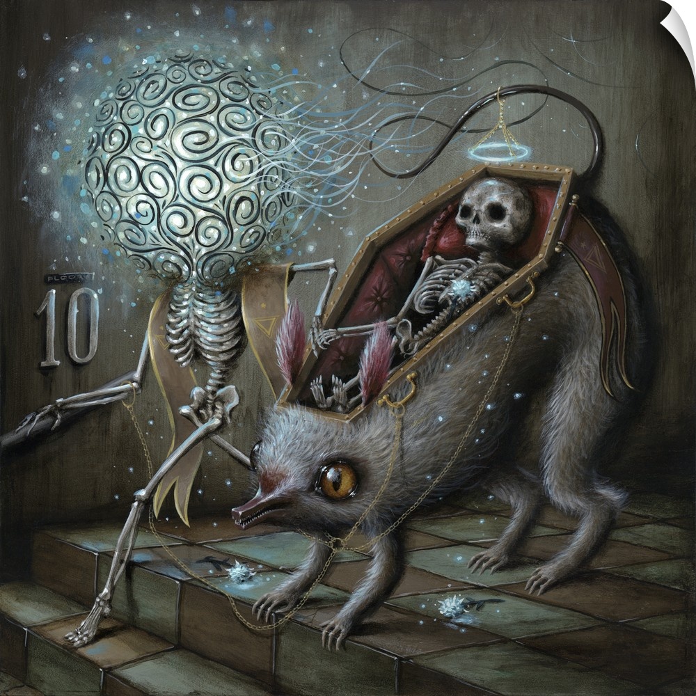 Surrealist painting of a human skeleton riding in the coffin shaped back of a rat being led by another skeleton.