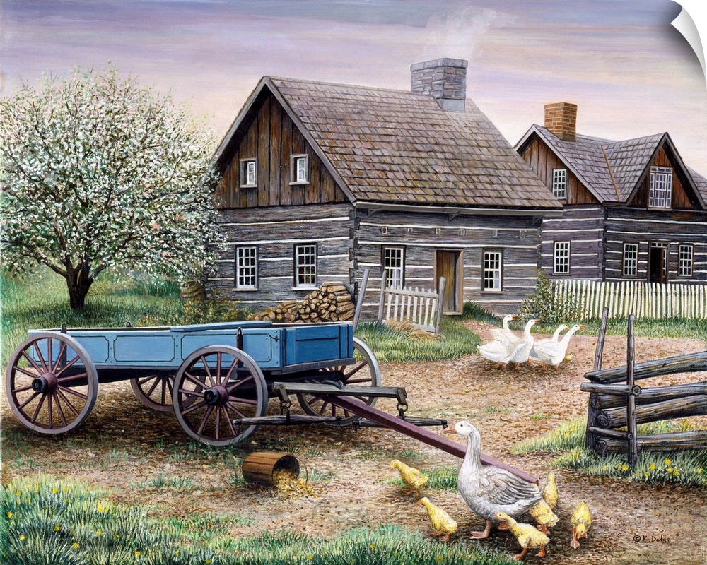 Contemporary artwork of a geese and goslings in front of a barn.