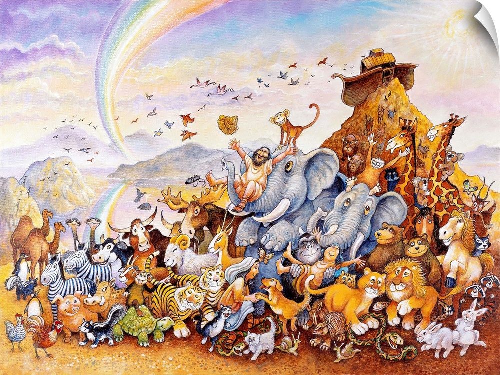 Various creatures emerge from Noah's ark, and rejoice with Noah and his family.