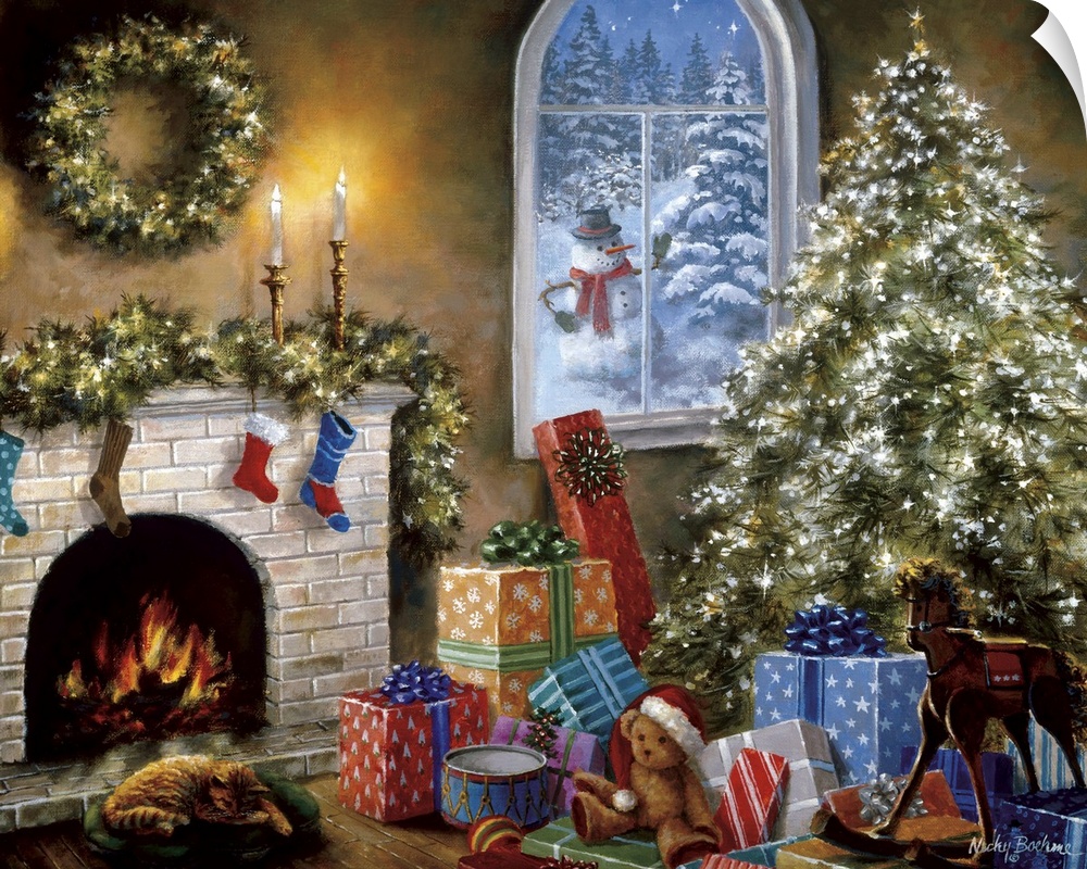 Painting of a living room scene featuring a large Christmas tree next to a fireplace. Product is a painting reproduction o...