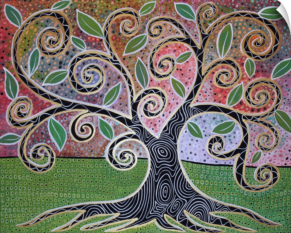 Contemporary painting of a tree with swirling branches and broad leaves, with a patterned trunk.