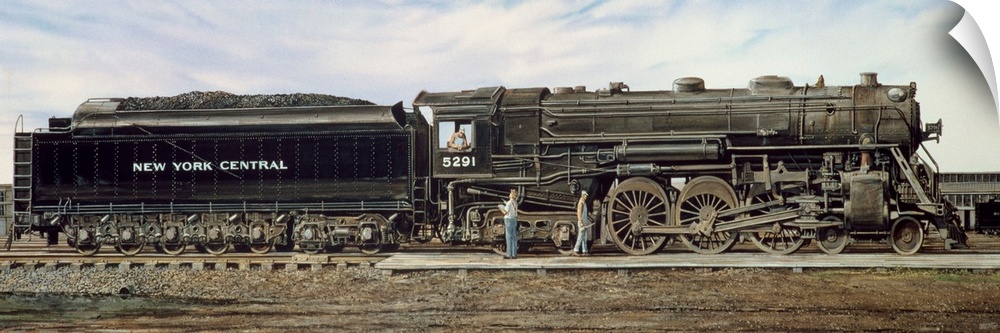 Contemporary painting of a train engine fueling and getting ready to move out.