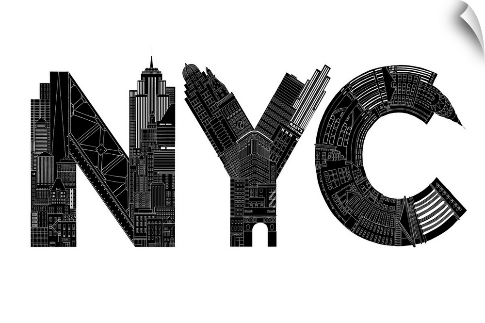 Typography art of the letters NYC made of architectural structures.