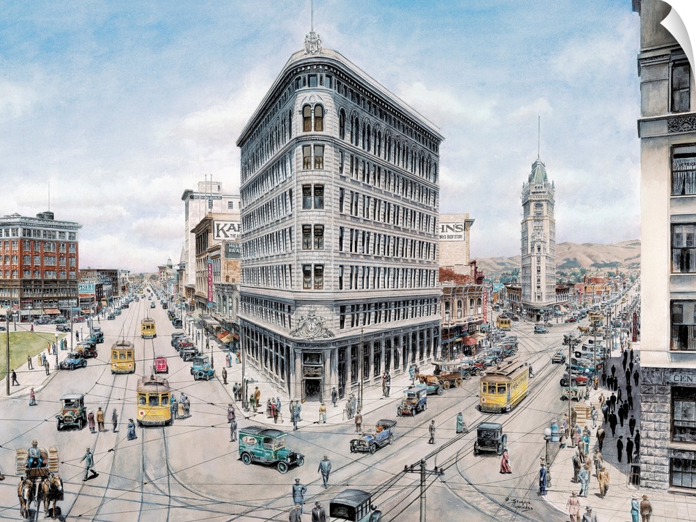 Contemporary painting of a bustling street in Oakland.