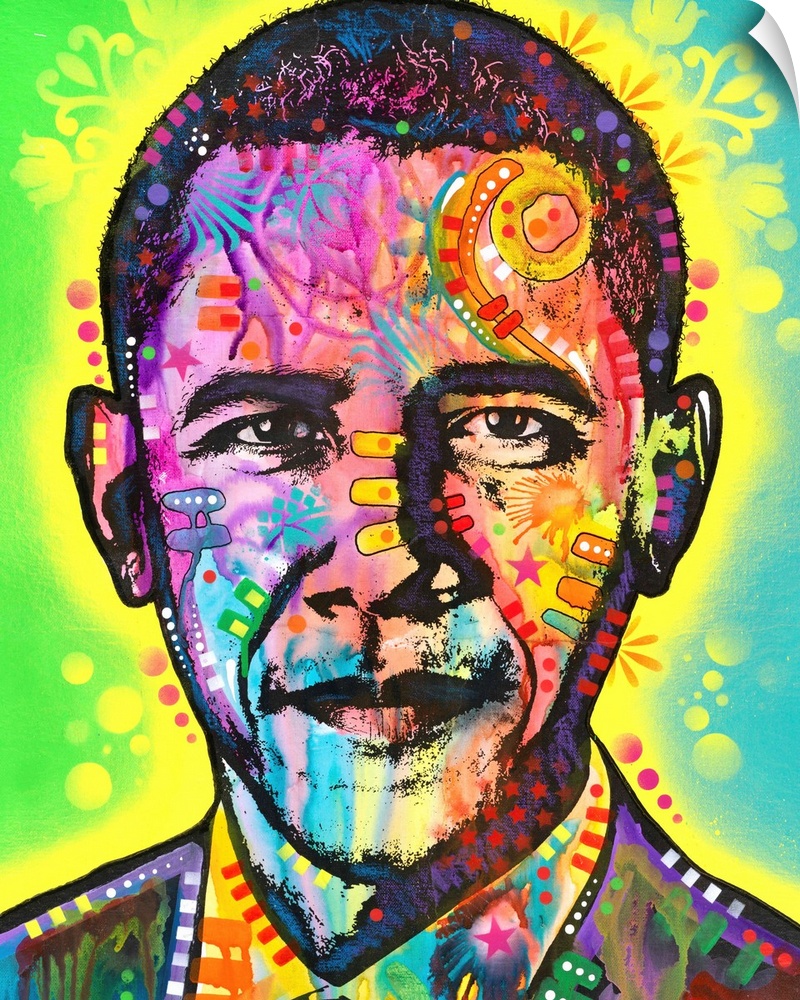 Pop art style painting of Barack Obama with different colors and abstract designs all over.