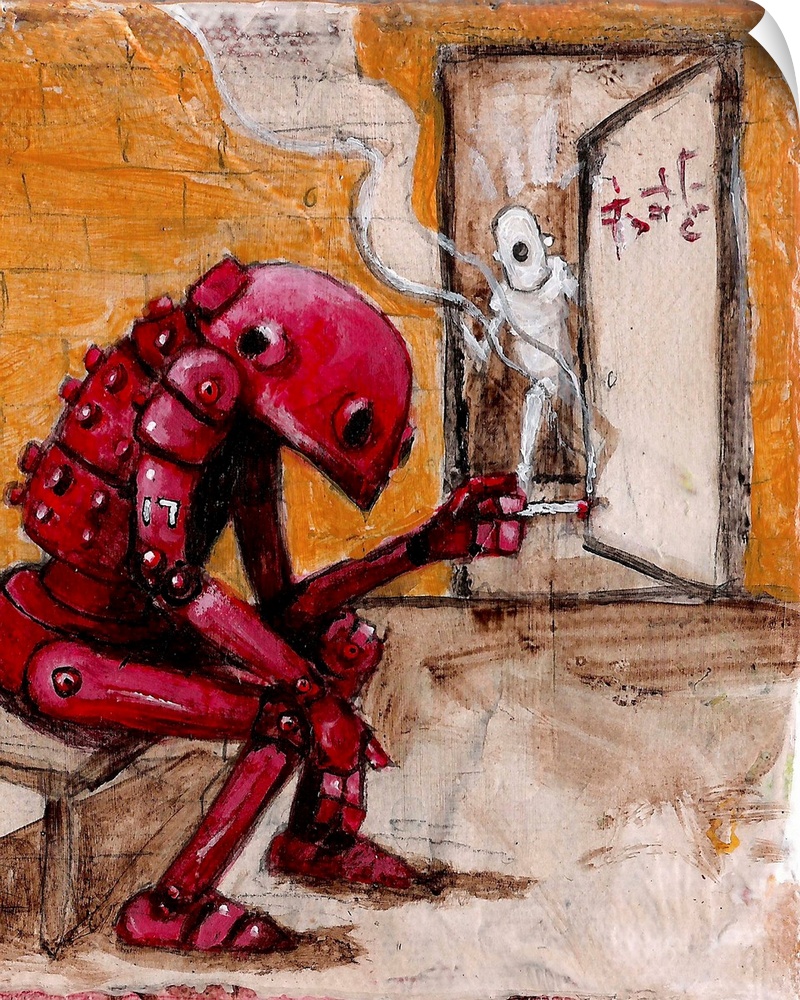 Illustration of a red robot sitting on a bench and smoking.