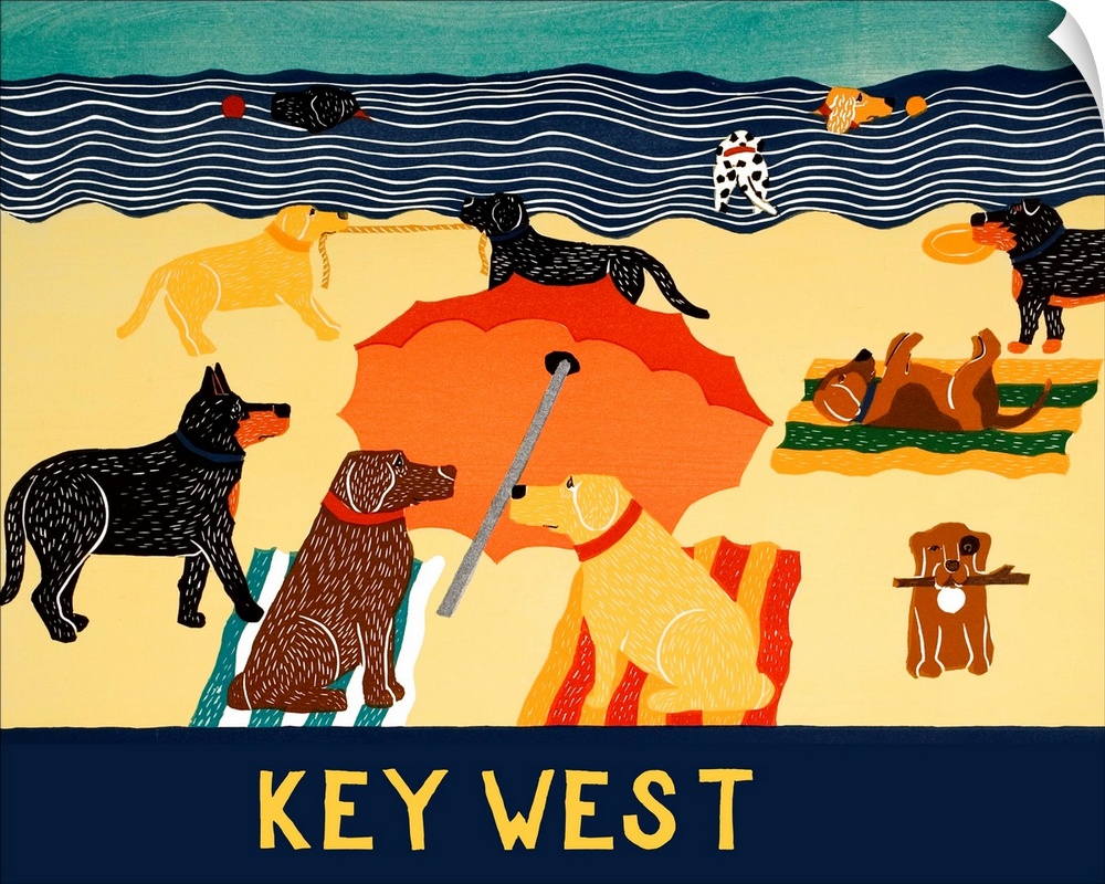 Illustration of multiple breeds of dogs having a beach day with "Key West" written on the bottom.