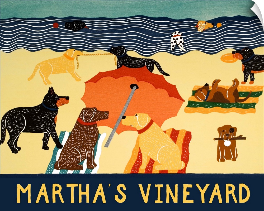 Illustration of multiple breeds of dogs having a beach day with "Martha's Vineyard" written on the bottom.