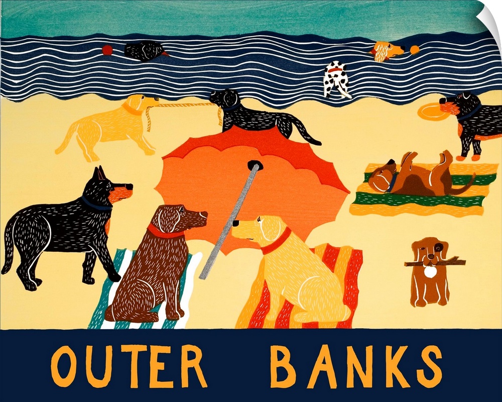Illustration of multiple breeds of dogs having a beach day with "Outer Banks" written on the bottom.