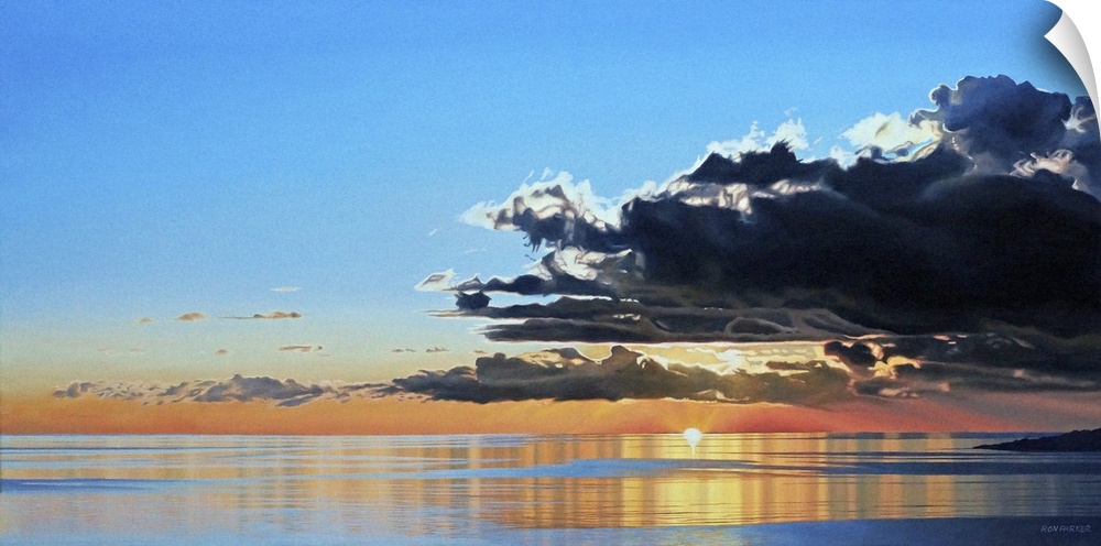 Contemporary painting of a seascape with dark clouds rolling in.