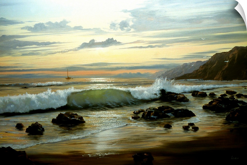 Contemporary painting of waves crashing on the coastline at twilight.