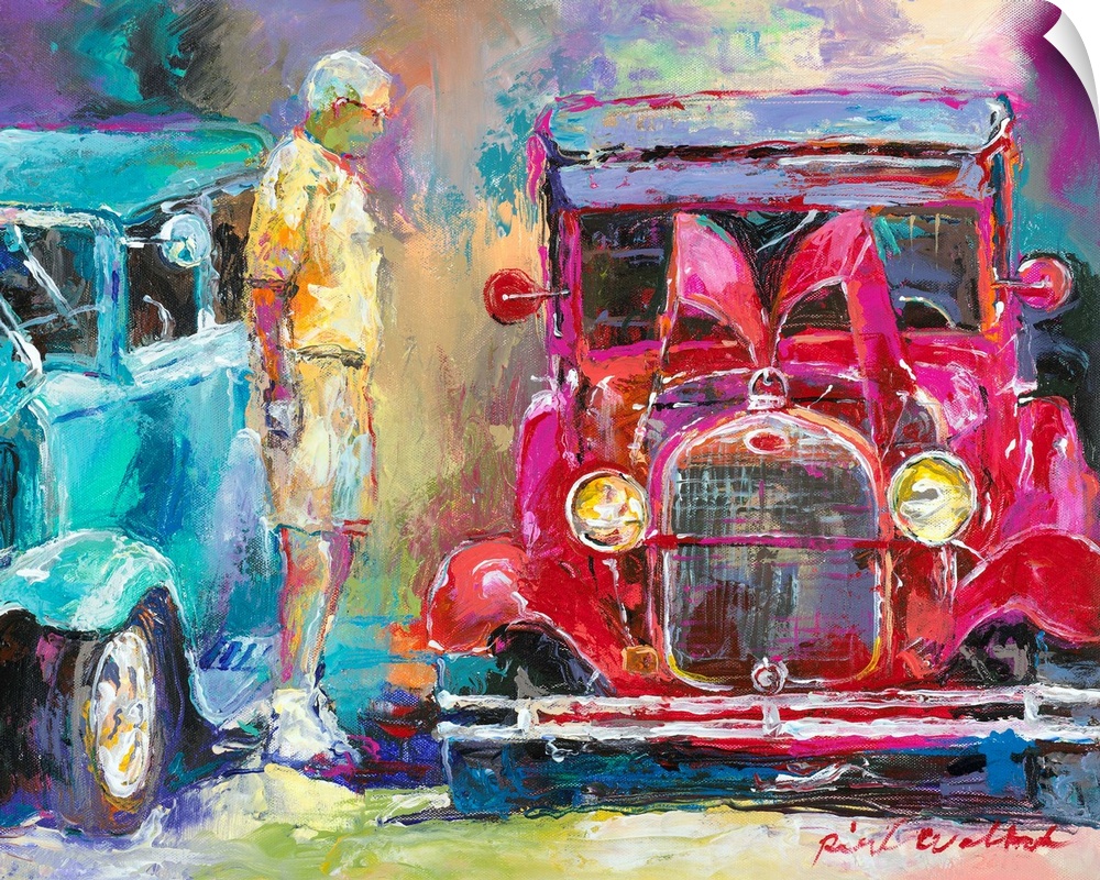 Abstract painting of a man with white hair looking at classic old cars.