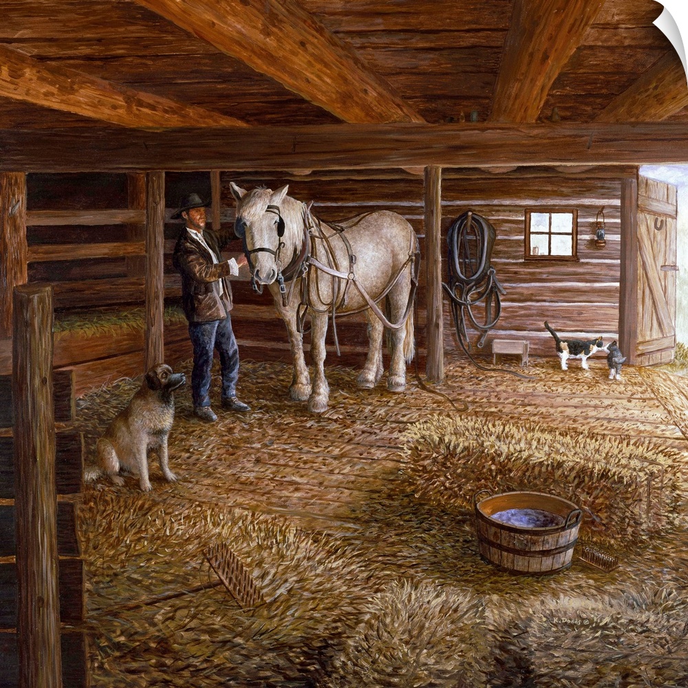 Contemporary artwork of a man with his horse and dog in a barn.