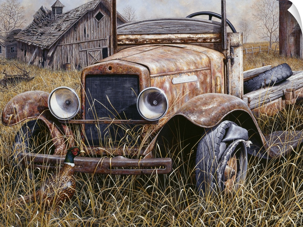 an old truck sitting in a field with an old barn with the roof falling in on one side and an old silo and barn on the othe...