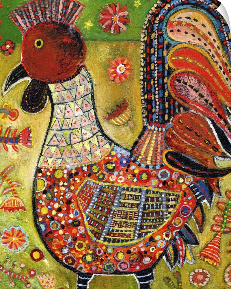Lighthearted contemporary painting of a rooster against a green background.