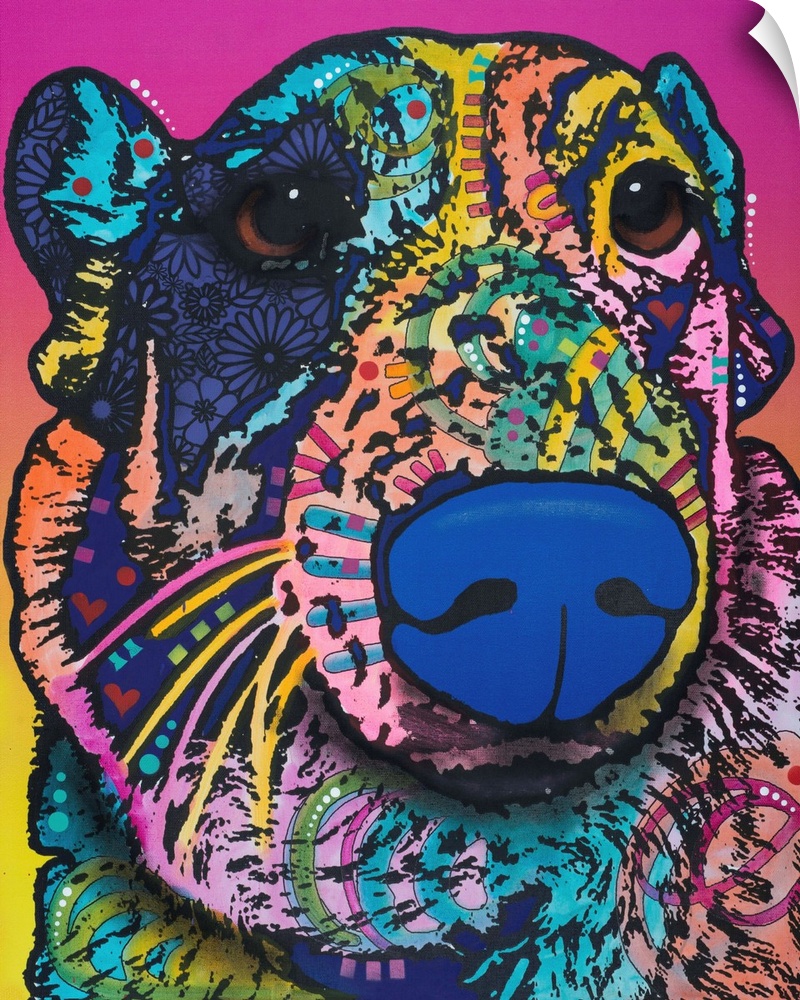Pop art style painting of a colorful dog with a fluffy neck, sad eyes, and graffiti-like designs on a pink and yellow back...