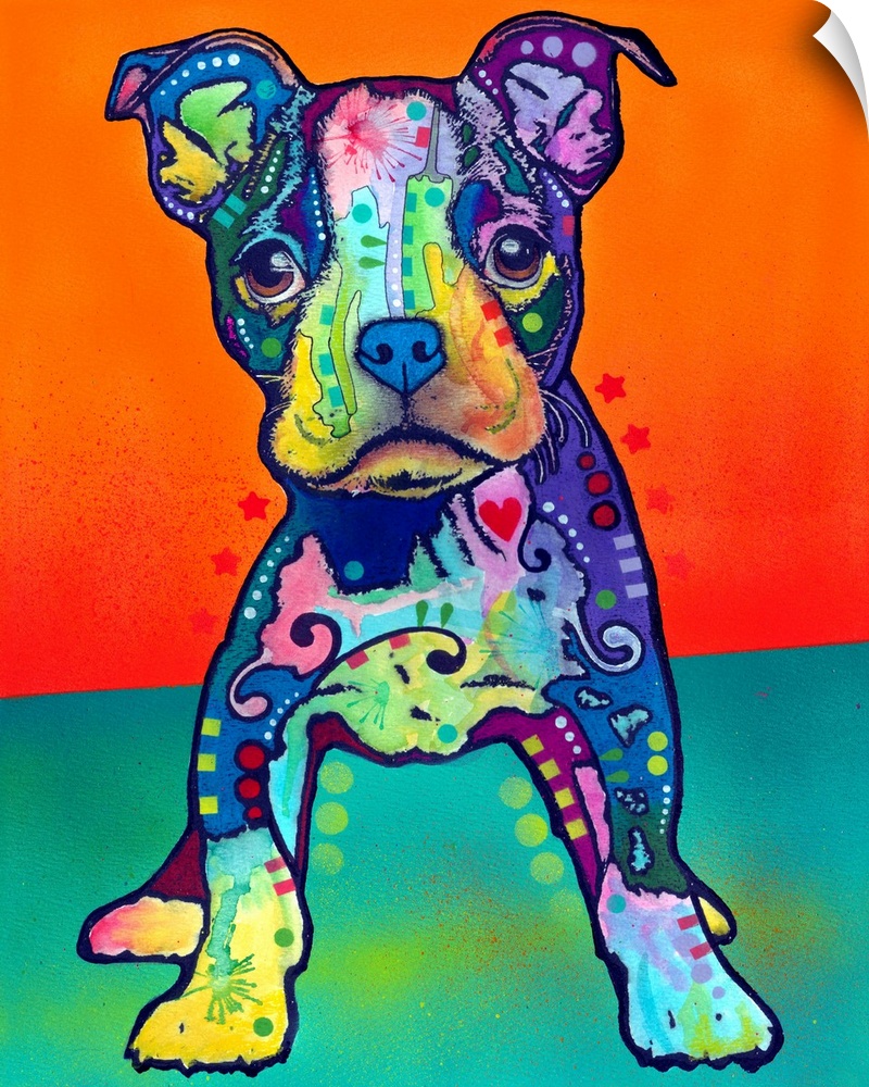 Vertical, large artwork of a Pit Bull puppy with rainbow like graffiti coloring and shapes, on a plain background that app...