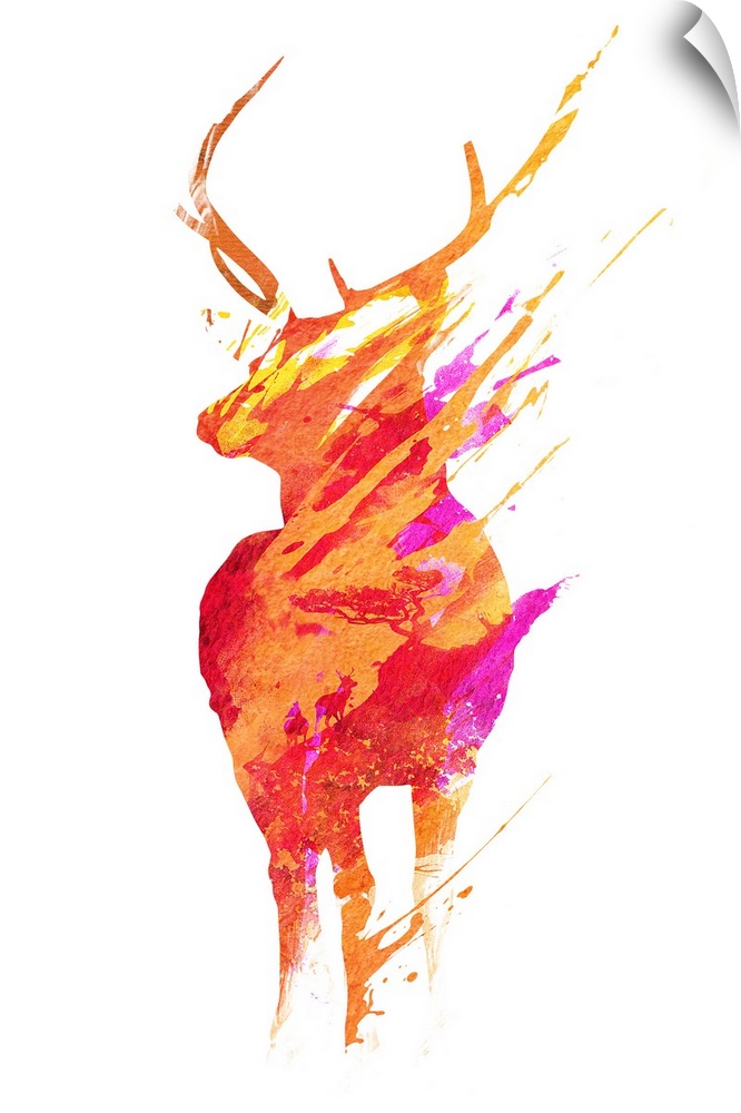 Pop art of a deer made of paint splatters, with smaller deer silhouettes inside.