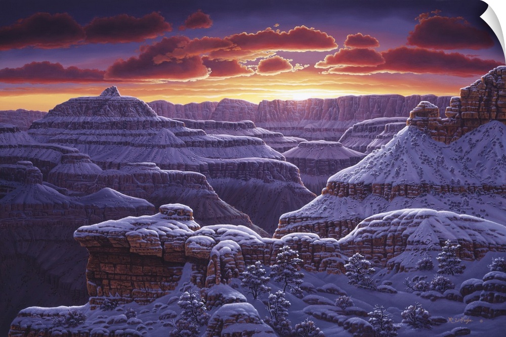 Contemporary landscape painting of the Grand Canyon at sunset in the winter.