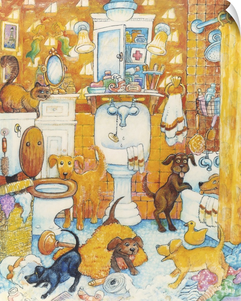 Dogs and cats going wild in a bathroom.