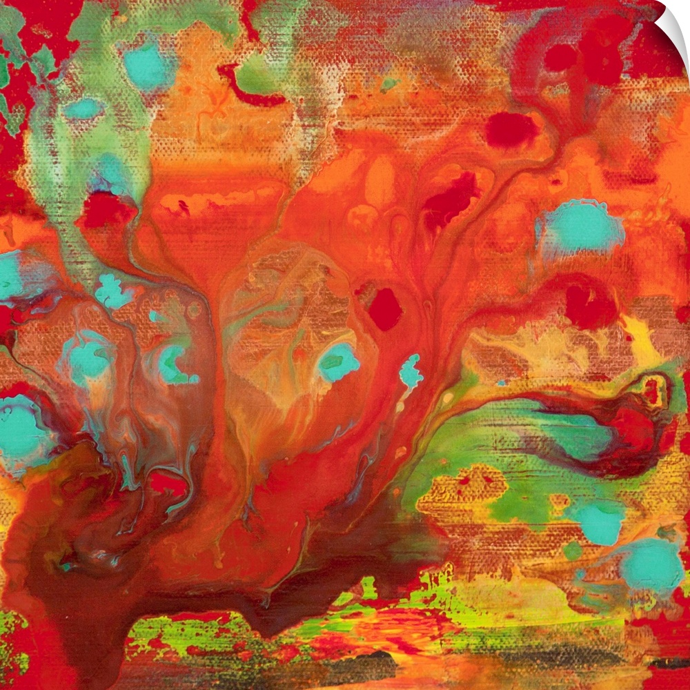 A contemporary abstract painting using using vibrant orange and red tones in a swirling of fury.