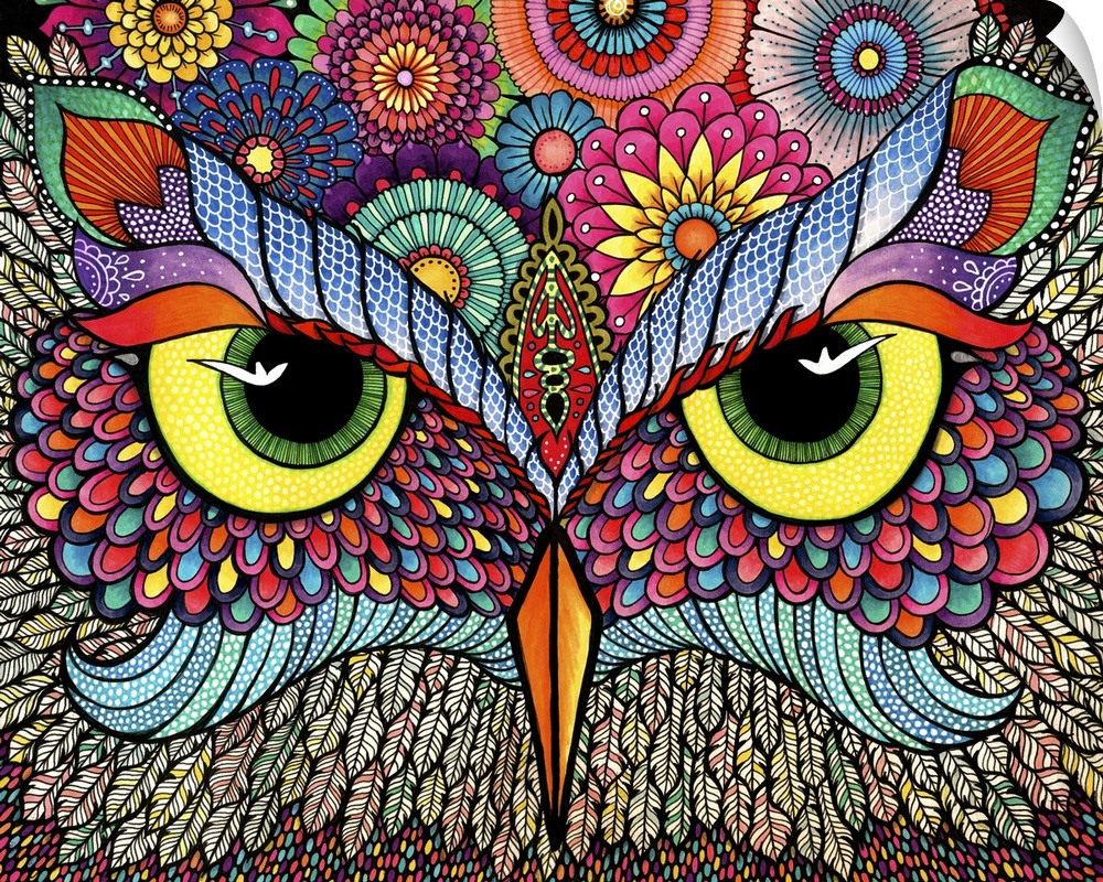 Contemporary abstract artwork of a brightly colored and patterned owl face close-up.