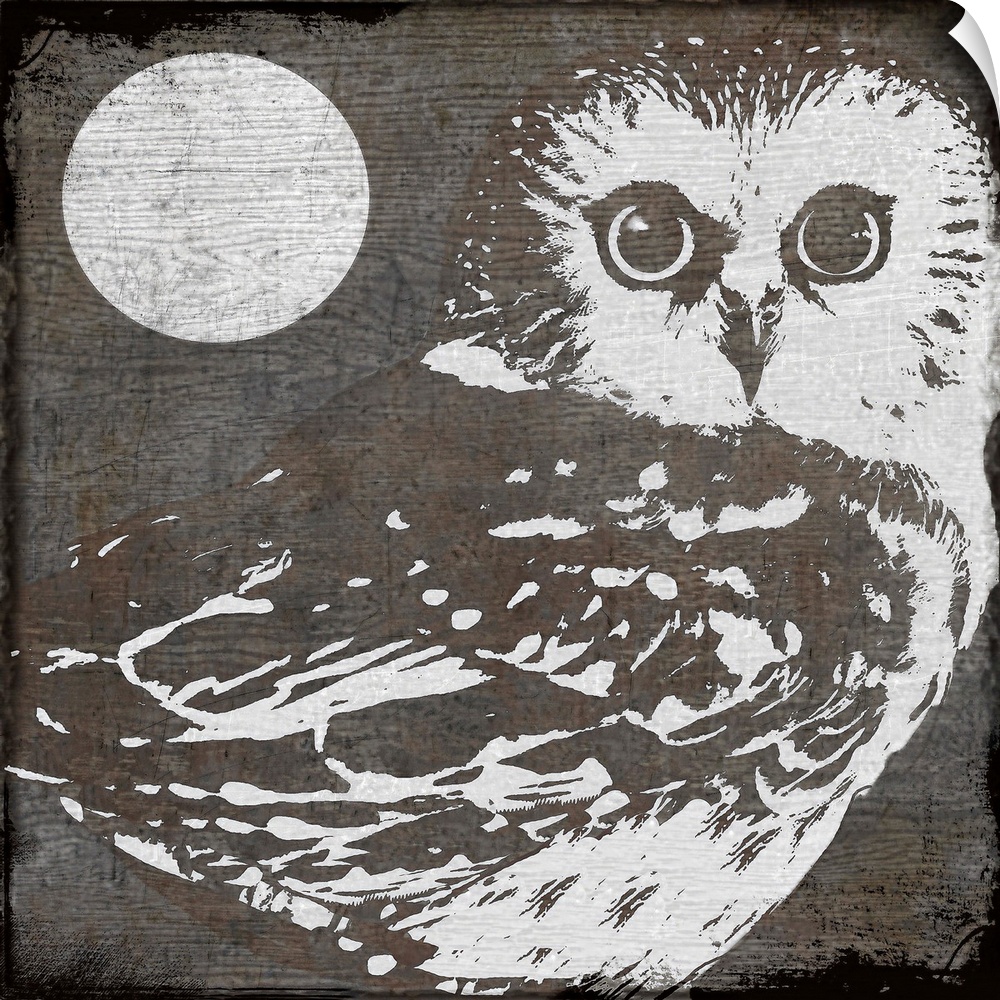 Stylized woodcut of owl and moon