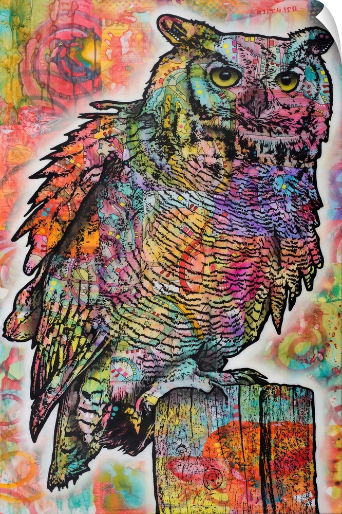 Colorful illustration of an owl perched on a wooden pole with a graffiti-style background.