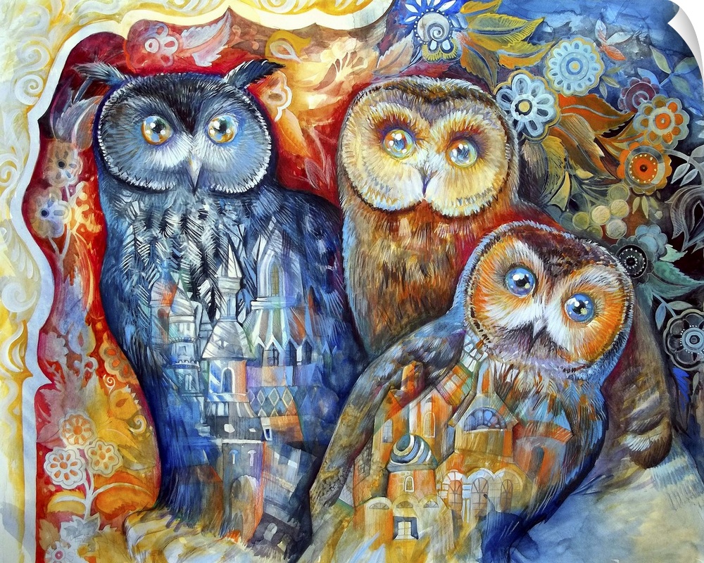 Watercolor painting of three wide-eyed owls decorated with architectural elements.
