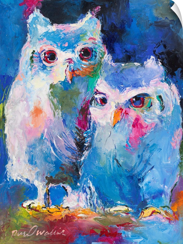 Colorful abstract painting of two owls.