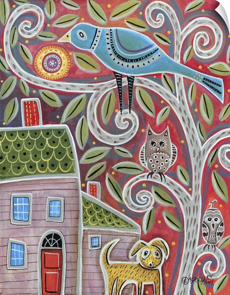 Contemporary painting of a large bluebird and two small owls in a tree above a dog.