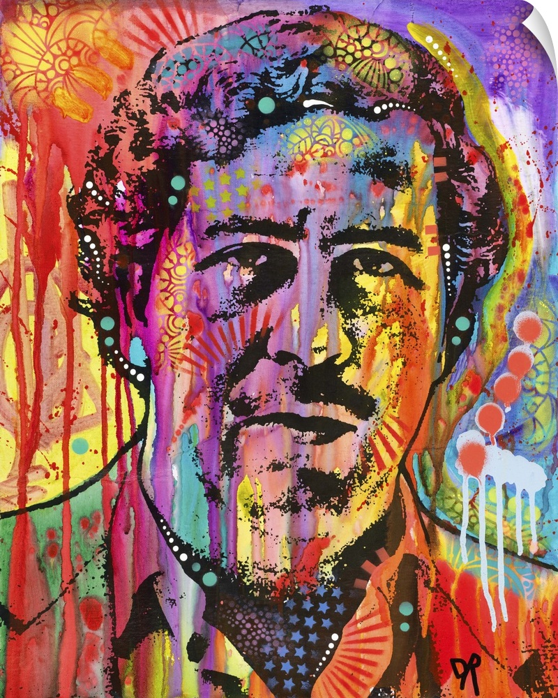 Pop art style painting of Pablo Escobar with abstract designs and paint dripping all over.