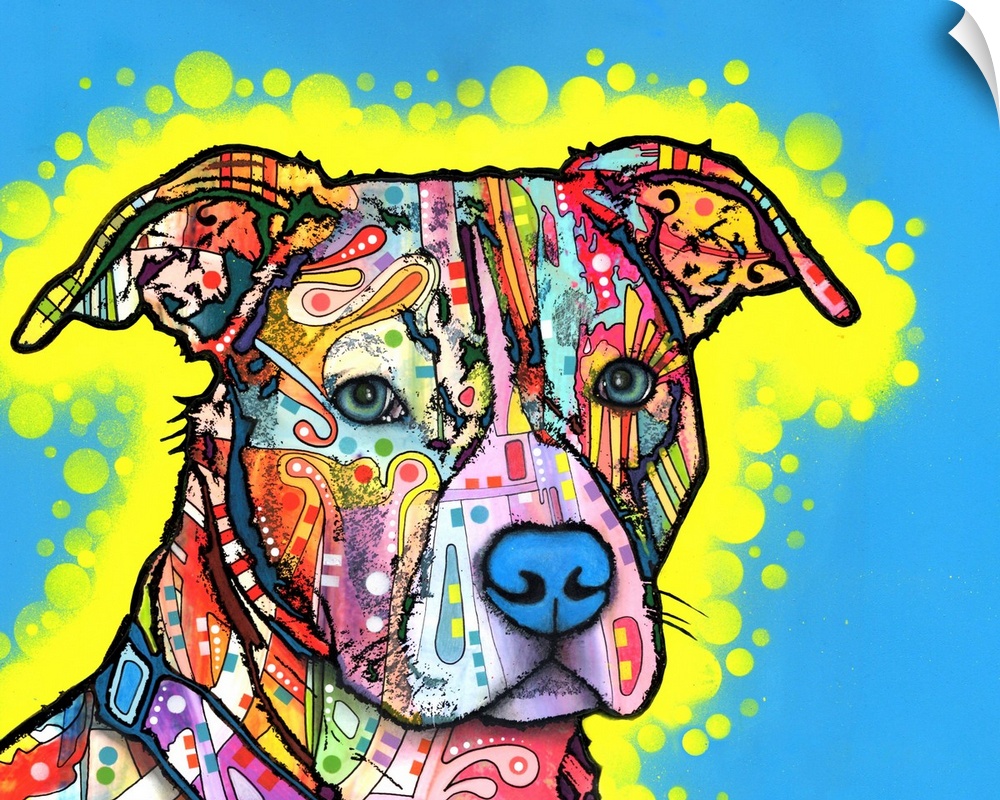 Playful painting of a colorful pit bull with graffiti-like designs on a blue background with a yellow dotted outline.