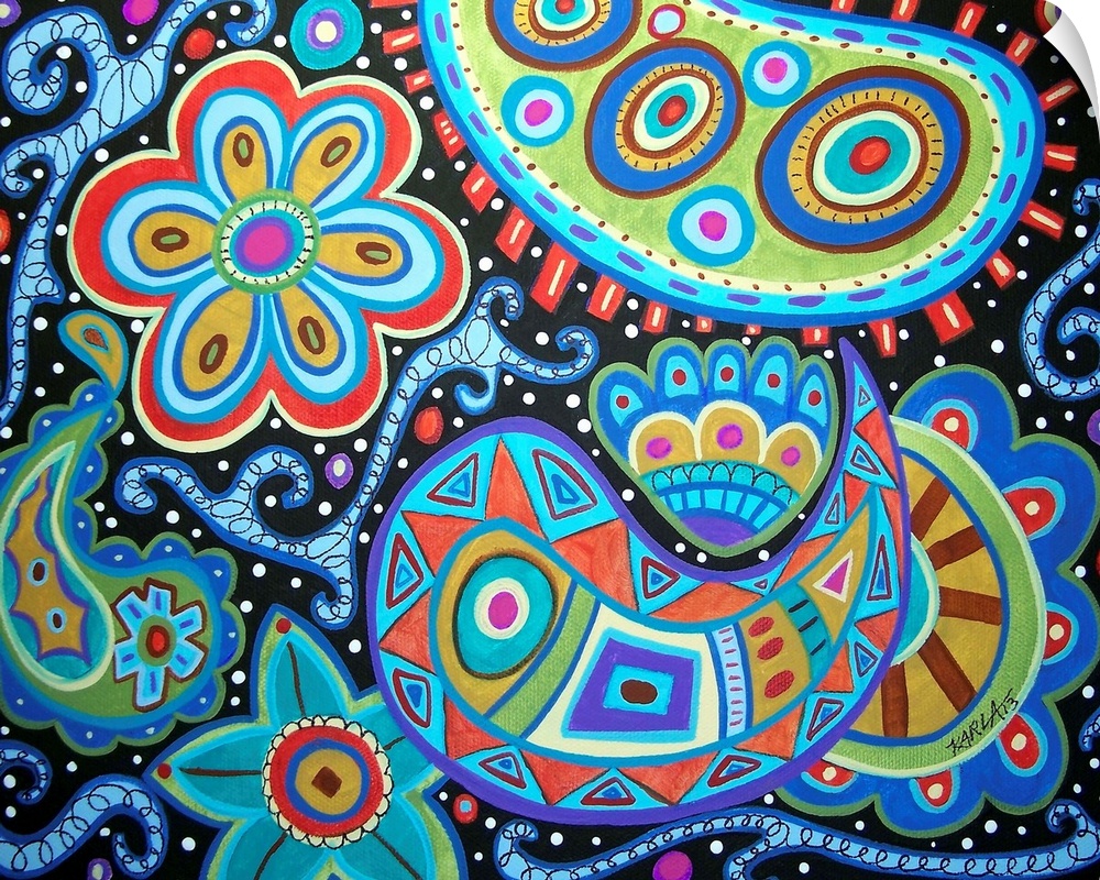 Contemporary painting of a vivid paisley and floral pattern.