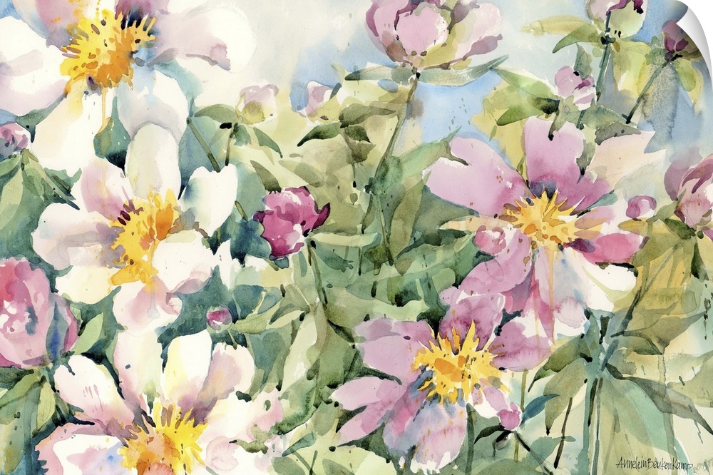 Contemporary watercolor painting of pink and white flowers.