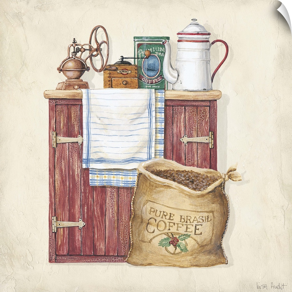 Sideboard cabinet with coffeepot, old-fashioned grinder, towel and tin of premium coffee. Sack of Pure Brasil Coffee on floor