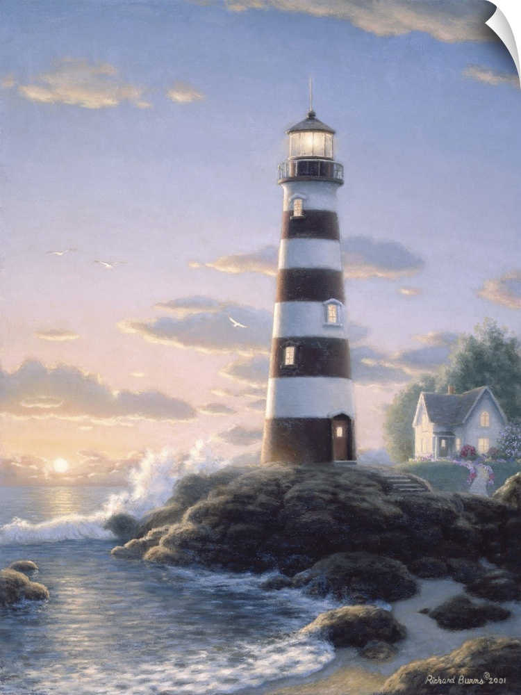 Contemporary painting of a striped lighthouse.