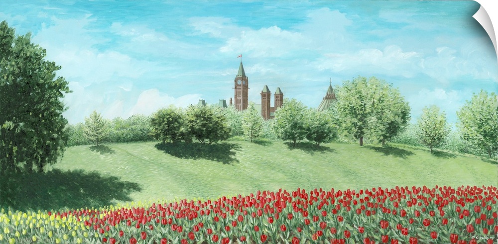 Contemporary artwork of a field of tulips with buildings in the distance.