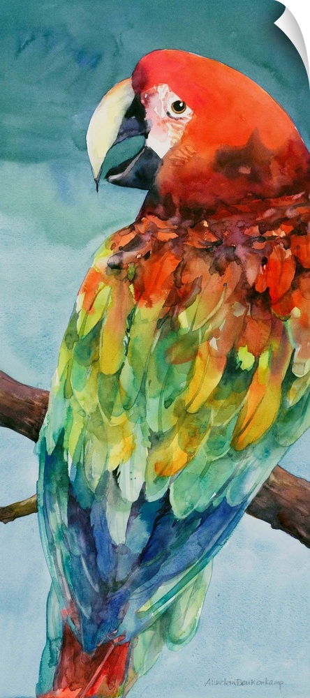 Contemporary watercolor painting of a vibrant colorful parrot perched on a branch.
