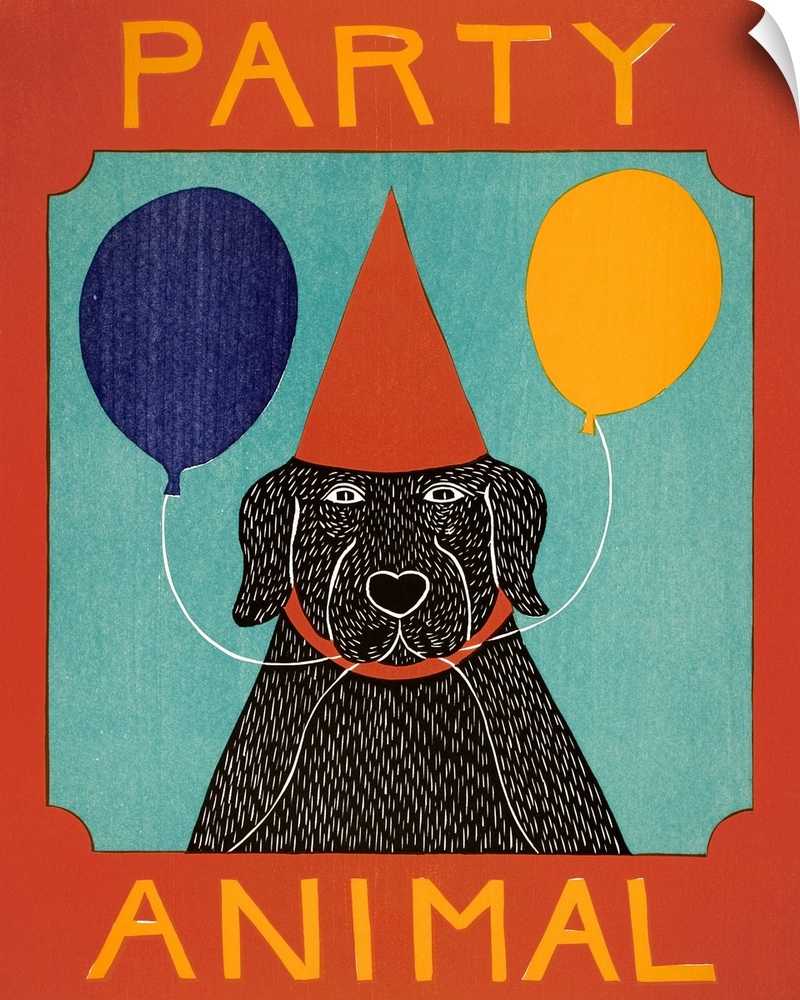 Illustration of a black lab wearing a red party hat and holding two balloons in its mouth with the phrase "Party Animal" w...