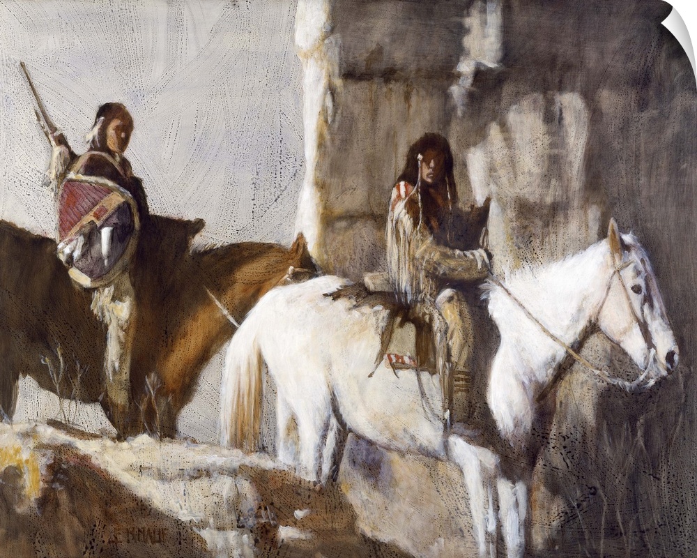 Contemporary western theme painting of native americans on horseback.