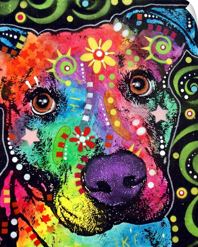 Contemporary stencil painting of a pit bull filled with various colors and patterns.