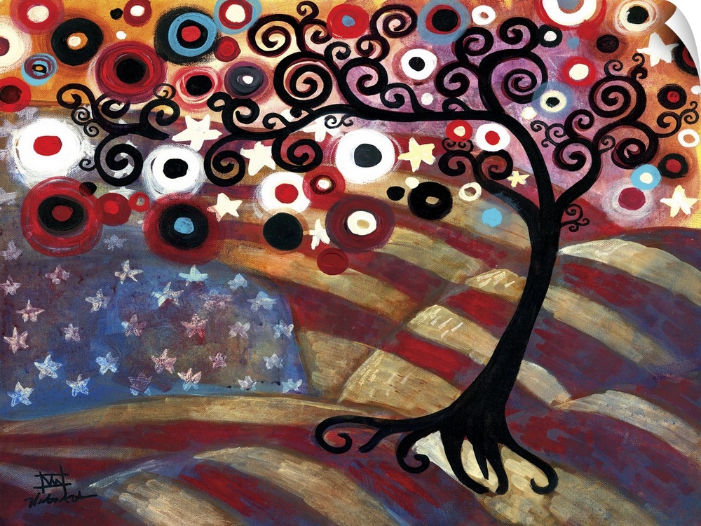 Contemporary painting of a patriotic tree with the American flag.
