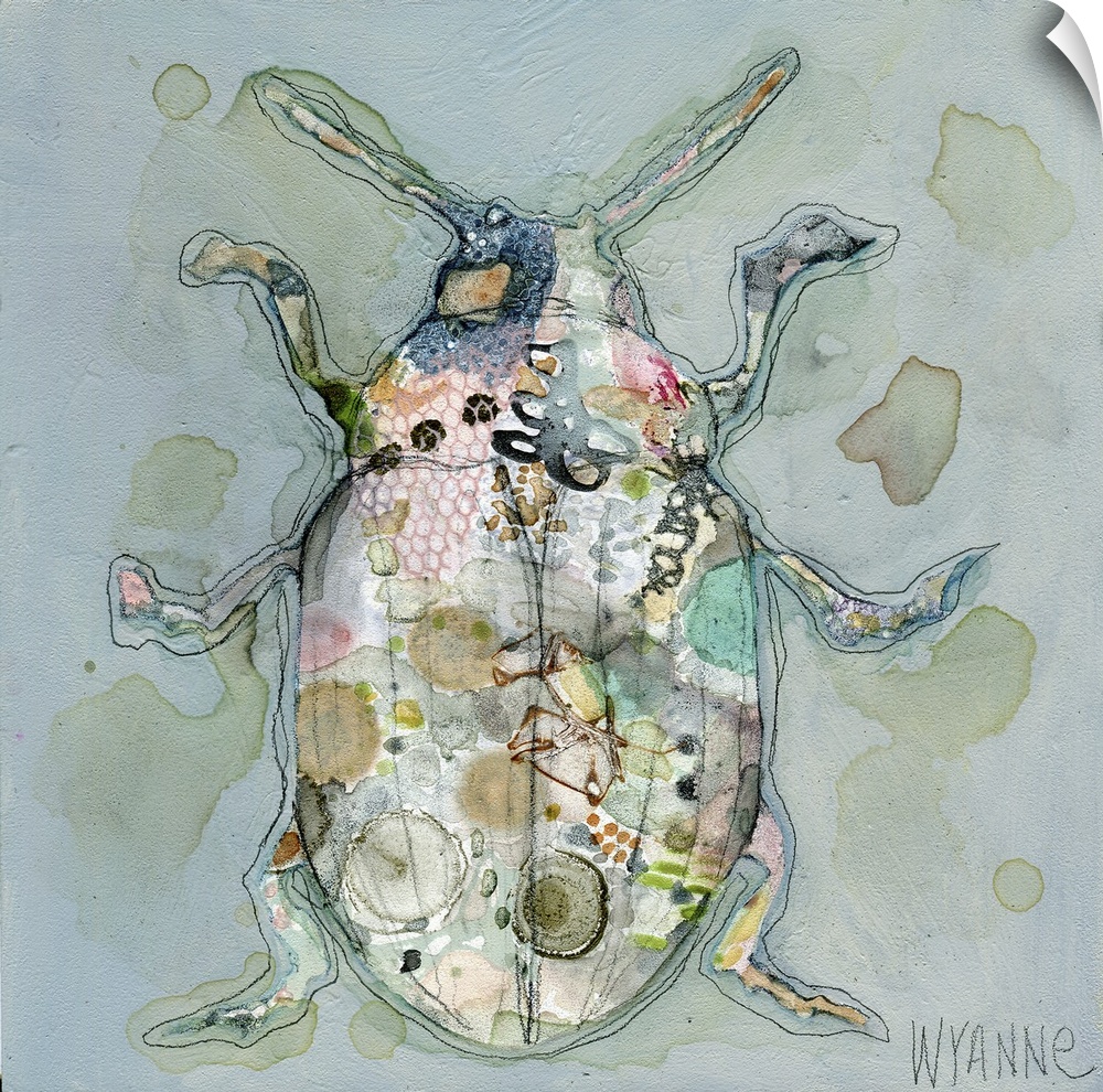 Painting of a beetle with colorful designs on a grey background.