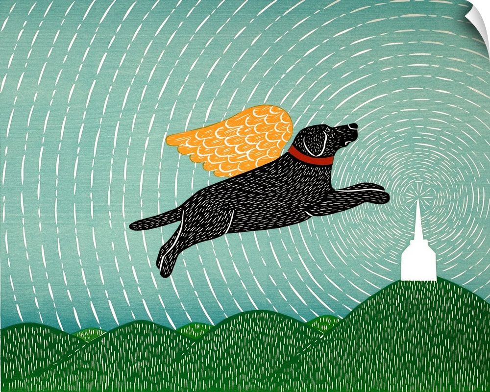 Illustration of a black lab with gold wings flying in a starry sky towards a chapel.