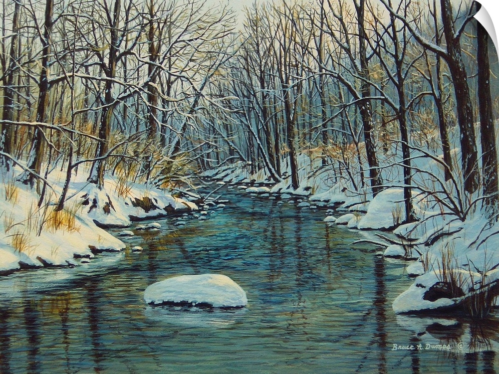 Contemporary artwork of a winter forest scene with a river running through it