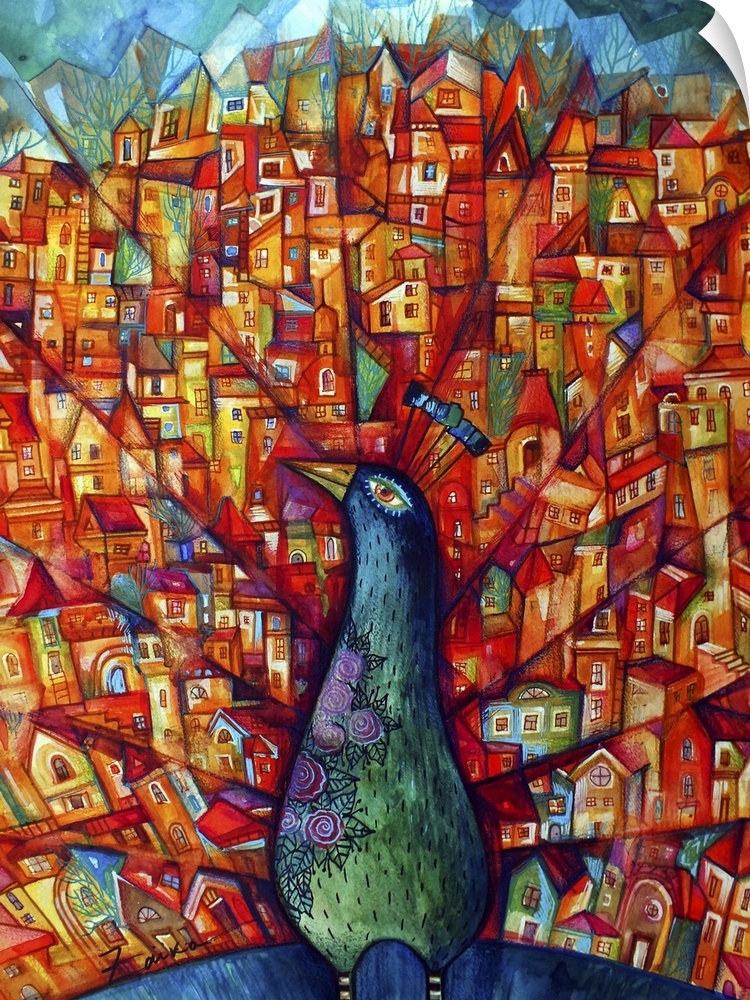 Contemporary painting of a peacock with a city visible in its feathers.