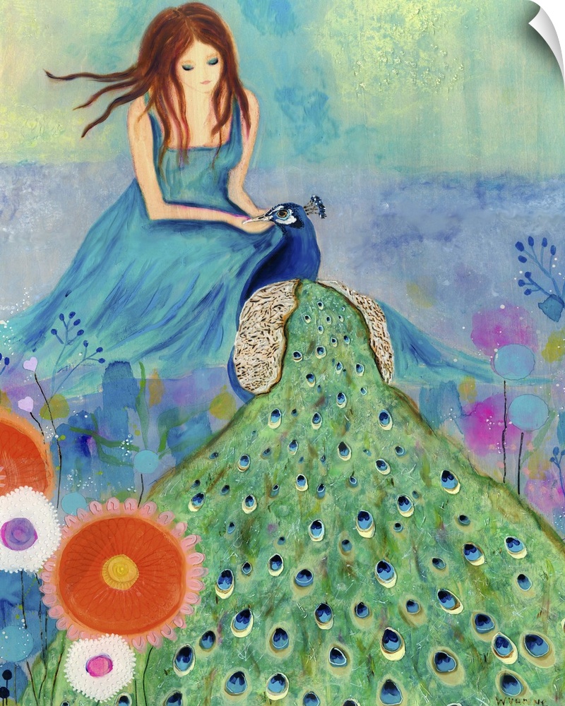 A woman in blue with a peacock with a large tail in a garden.