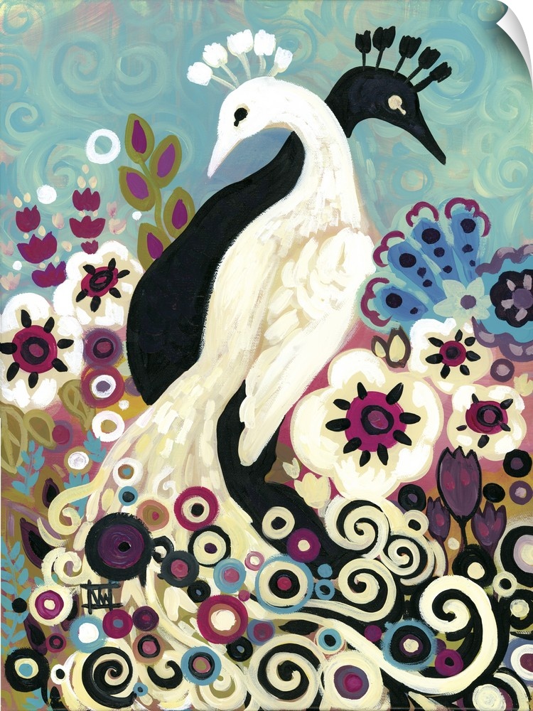 Contemporary painting of two peafowl, one white and one black, in a garden.