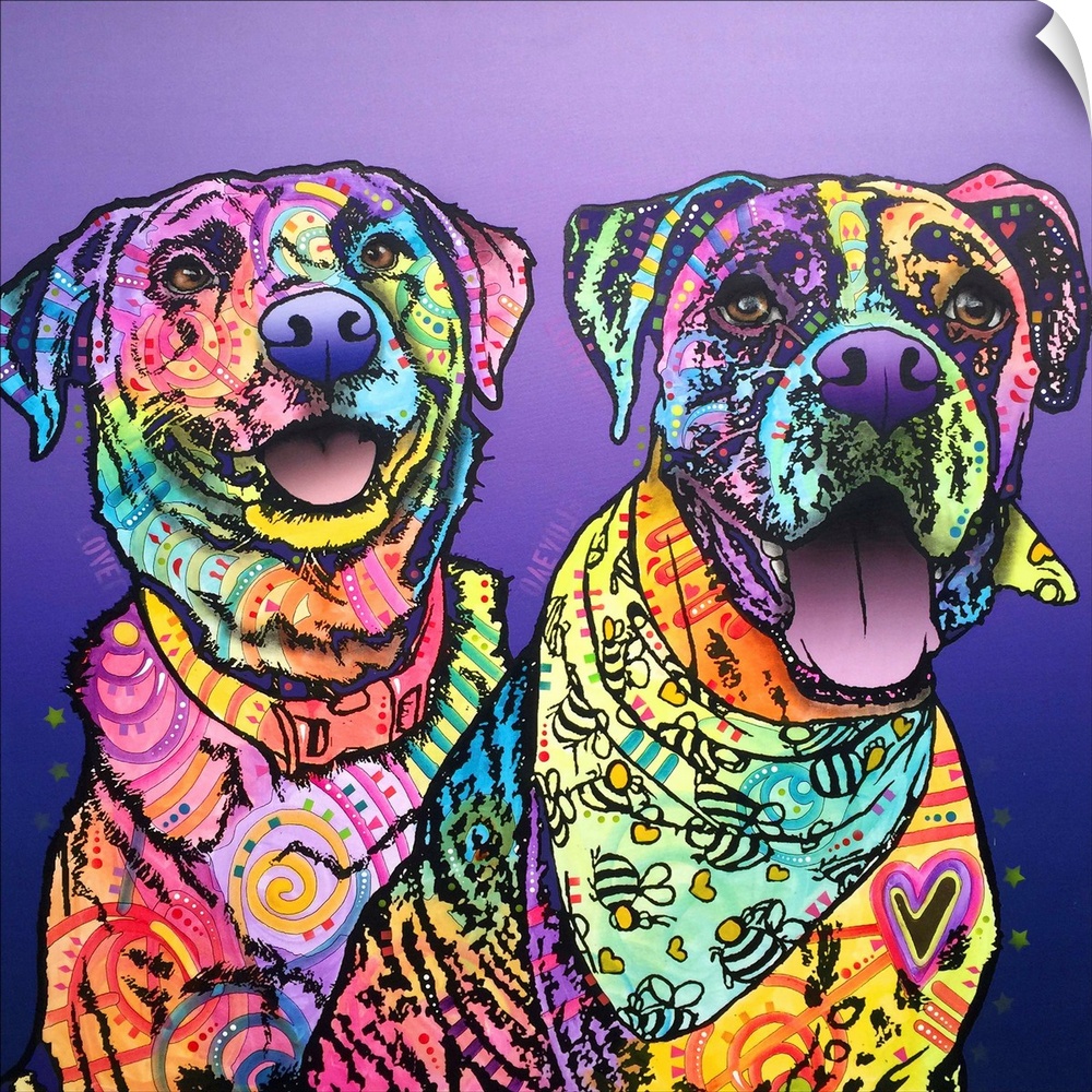 Square painting of two colorful dogs with graffiti-like designs on a purple gradient background.